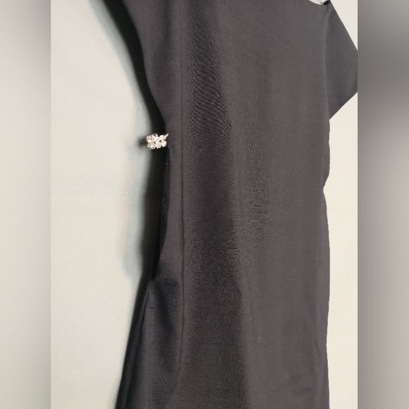 90s Neo-vintage Black Short Capped Sleeved Wool Mini Dress W/rhinestone Cutouts - Picture 4 of 6